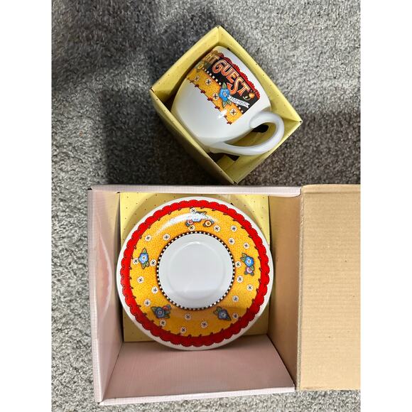 Mary Engelbreit Teacup Saucer Set Welcome Guest With Box Mug Coffee - Picture 2 of 5